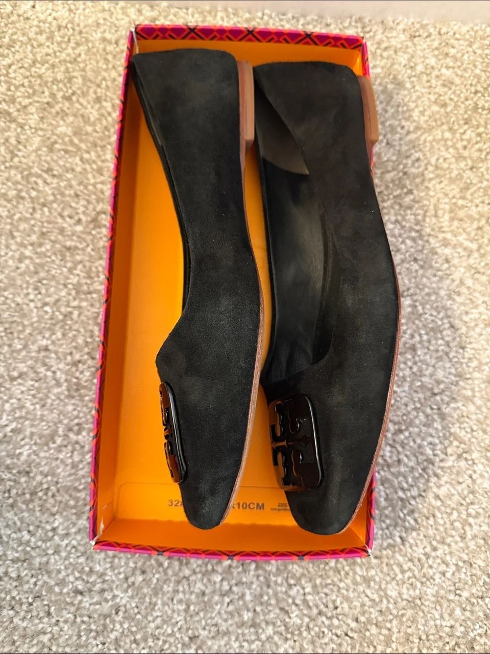 Tory Burch Black Suede Logo Square-Toe Ballet Flats